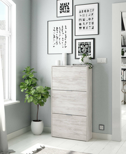 Scarpiera Asca, Armadio portascarpe a 3 ante a ribalta, Mobile con doppia capienza per max 18 paia di scarpe, cm 70x17h180, Bianco