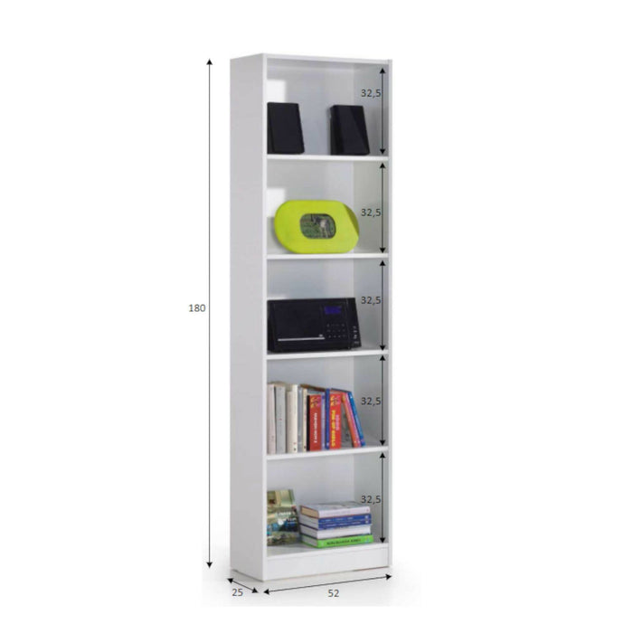 Libreria Artico, Mobile portalibri alta a 5 ripiani, Scaffale da ufficio o cameretta, Scaffale moderno con scomparti, cm 52x25h80, Bianco