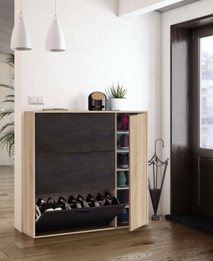 Scarpiera Ammour, Armadio portascarpe a 4 ante, Mobile basso multiuso con 5 ripiani, Scarpiera moderna, cm 106x22h115, Rovere e Nero