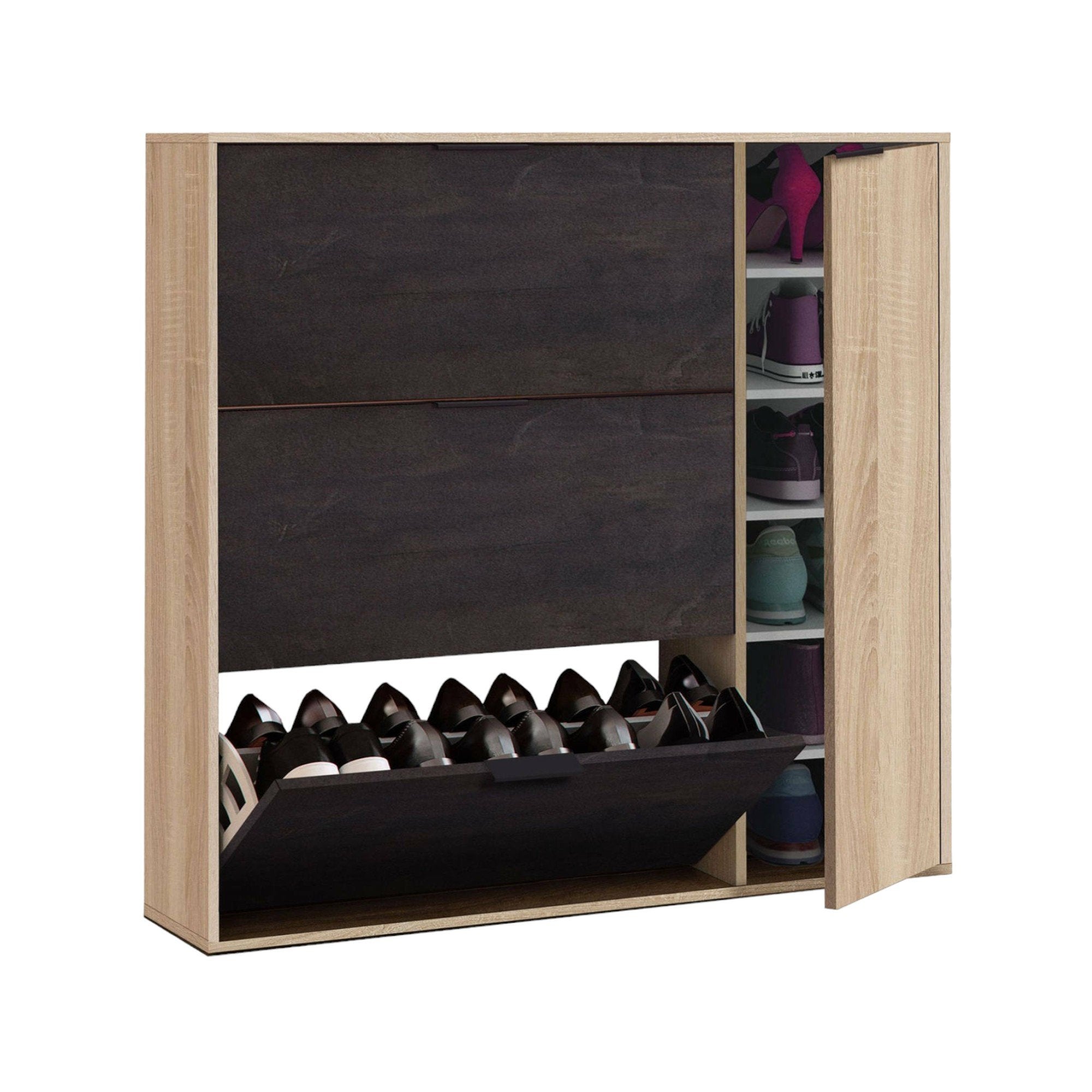 Scarpiera Ammour, Armadio portascarpe a 4 ante, Mobile basso multiuso con 5 ripiani, Scarpiera moderna, cm 106x22h115, Rovere e Nero