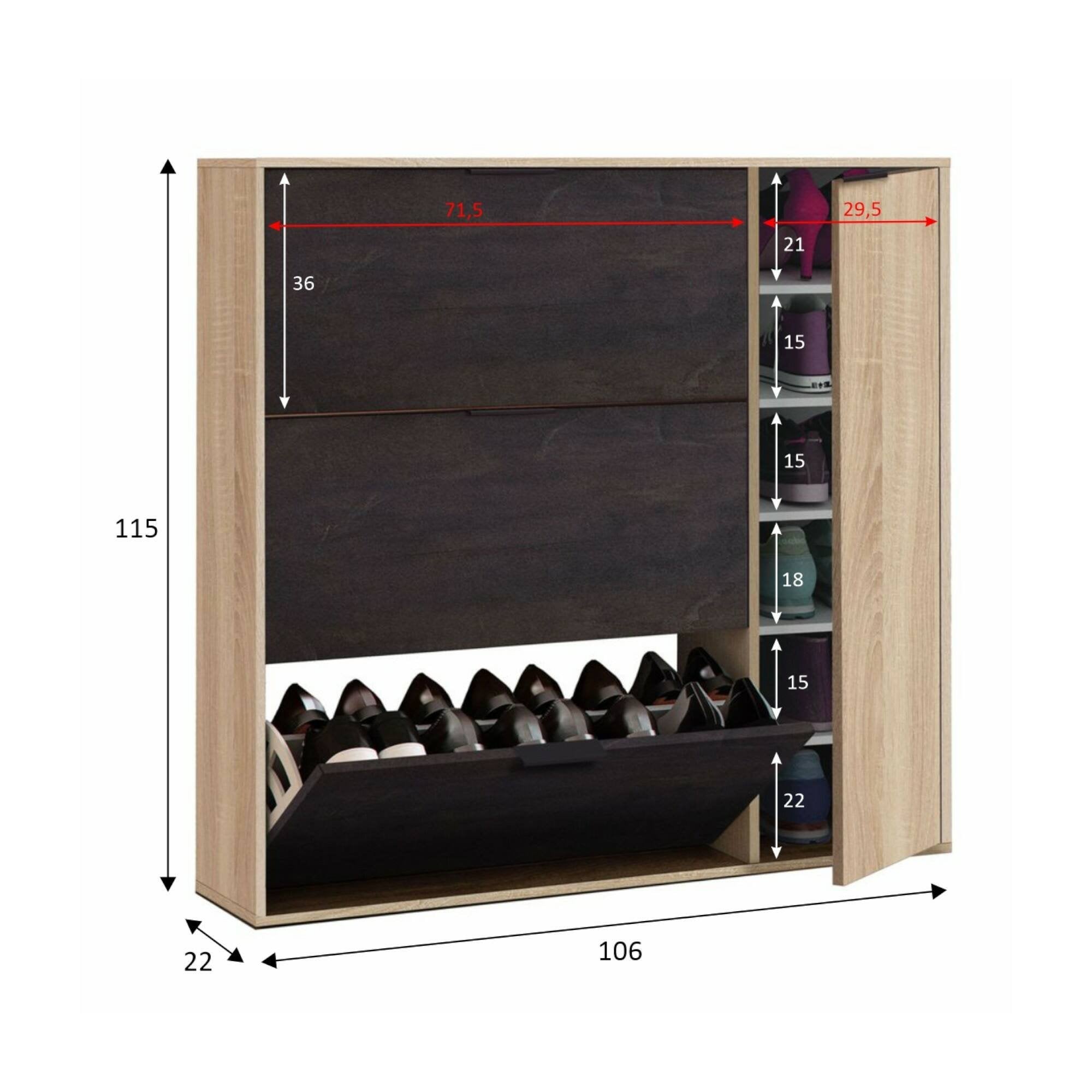 Scarpiera Ammour, Armadio portascarpe a 4 ante, Mobile basso multiuso con 5 ripiani, Scarpiera moderna, cm 106x22h115, Rovere e Nero