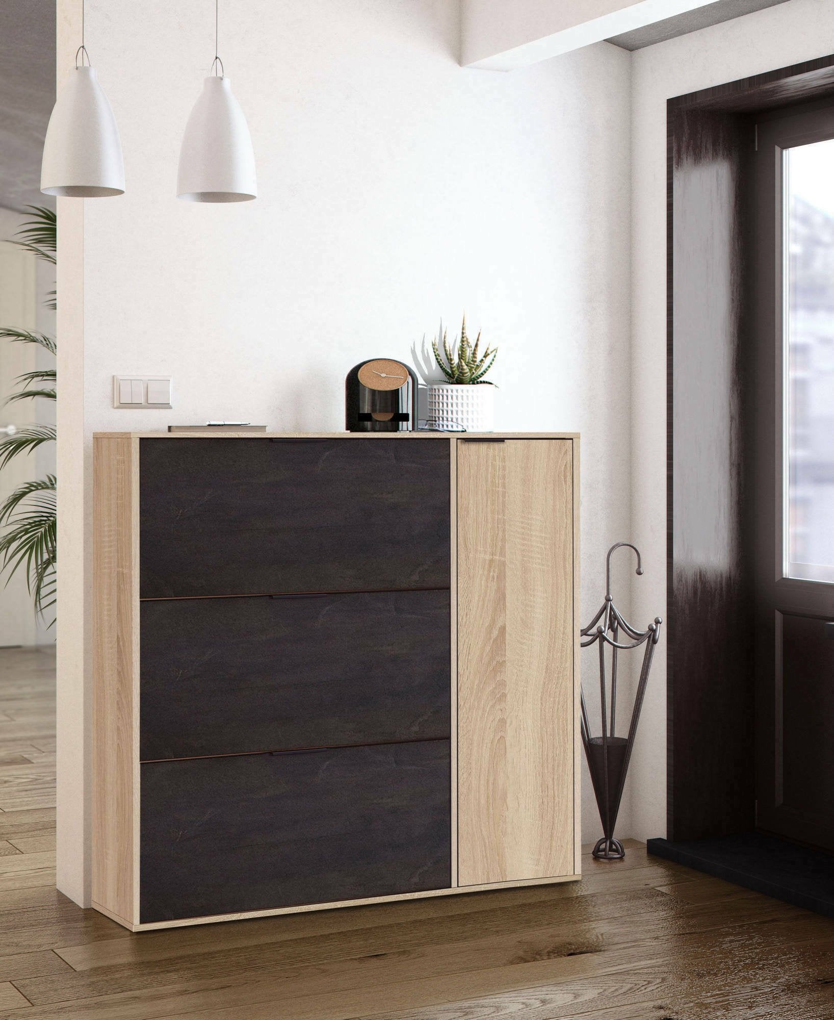 Scarpiera Ammour, Armadio portascarpe a 4 ante, Mobile basso multiuso con 5 ripiani, Scarpiera moderna, cm 106x22h115, Rovere e Nero