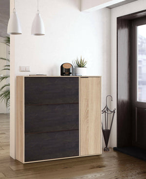 Scarpiera Ammour, Armadio portascarpe a 4 ante, Mobile basso multiuso con 5 ripiani, Scarpiera moderna, cm 106x22h115, Rovere e Nero
