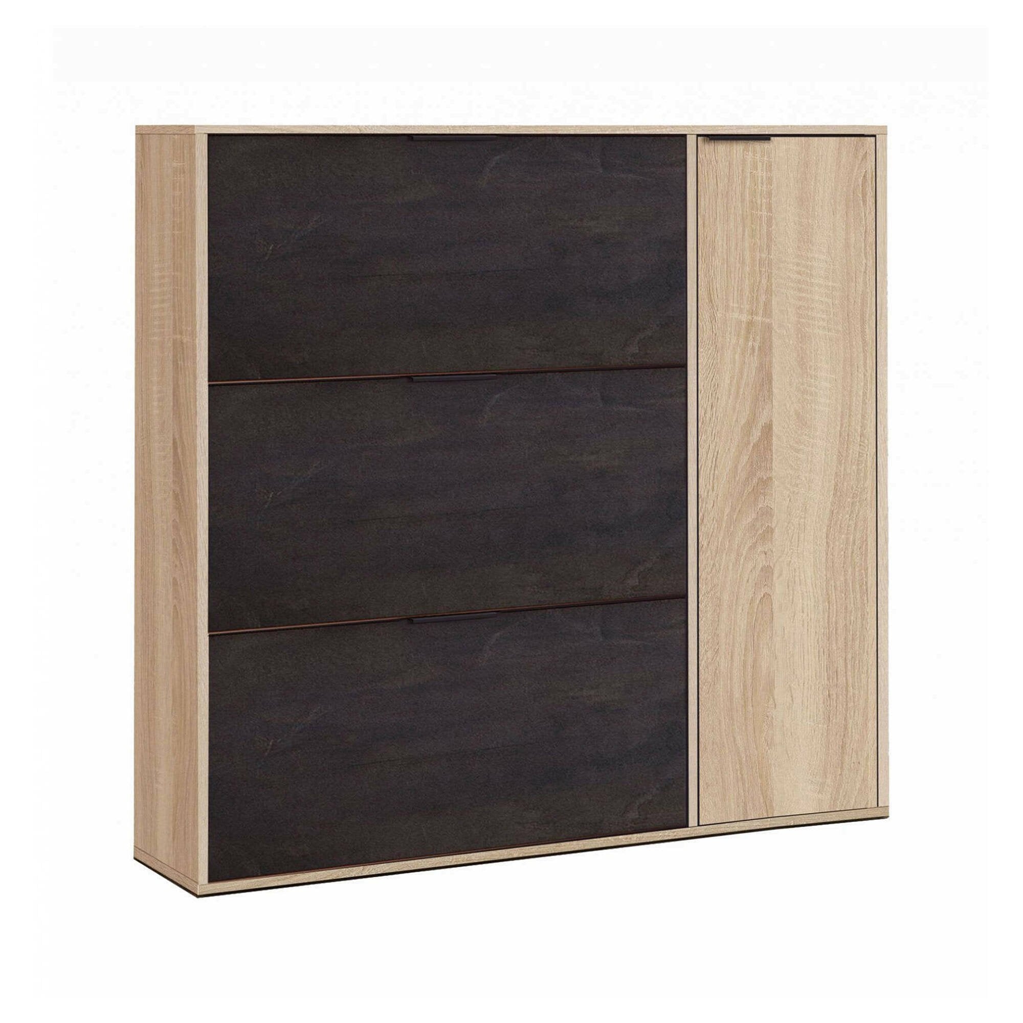 Scarpiera Ammour, Armadio portascarpe a 4 ante, Mobile basso multiuso con 5 ripiani, Scarpiera moderna, cm 106x22h115, Rovere e Nero