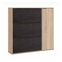 Scarpiera Ammour, Armadio portascarpe a 4 ante, Mobile basso multiuso con 5 ripiani, Scarpiera moderna, cm 106x22h115, Rovere e Nero