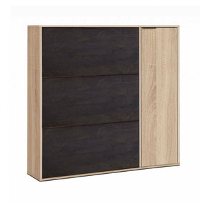 Scarpiera Ammour, Armadio portascarpe a 4 ante, Mobile basso multiuso con 5 ripiani, Scarpiera moderna, cm 106x22h115, Rovere e Nero