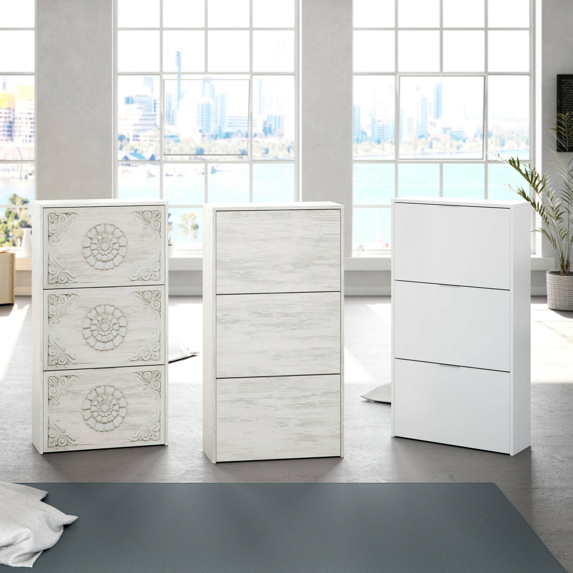 Scarpiera Asca, Armadio portascarpe a 3 ante a ribalta, Mobile con doppia capienza per max 18 paia di scarpe, cm 70x17h180, Bianco anticato