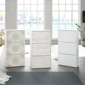 Scarpiera Asca, Armadio portascarpe a 3 ante a ribalta, Mobile con doppia capienza per max 18 paia di scarpe, cm 70x17h180, Bianco anticato