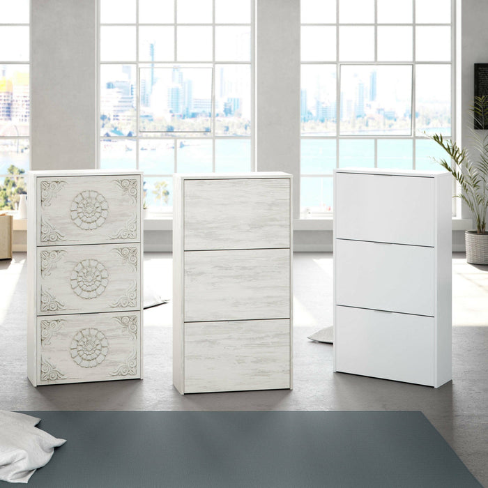 Scarpiera Asca, Armadio portascarpe a 3 ante a ribalta, Mobile con doppia capienza per max 18 paia di scarpe, cm 70x17h180, Bianco anticato