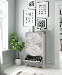 Scarpiera Asca, Armadio portascarpe a 3 ante a ribalta, Mobile con doppia capienza per max 18 paia di scarpe, cm 70x17h180, Bianco anticato