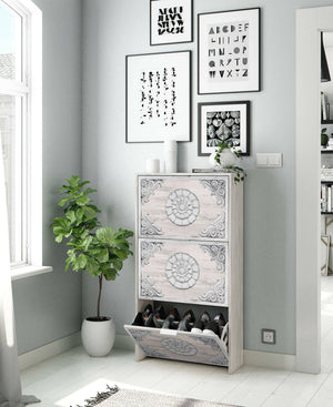 Scarpiera Asca, Armadio portascarpe a 3 ante a ribalta, Mobile con doppia capienza per max 18 paia di scarpe, cm 70x17h180, Bianco anticato