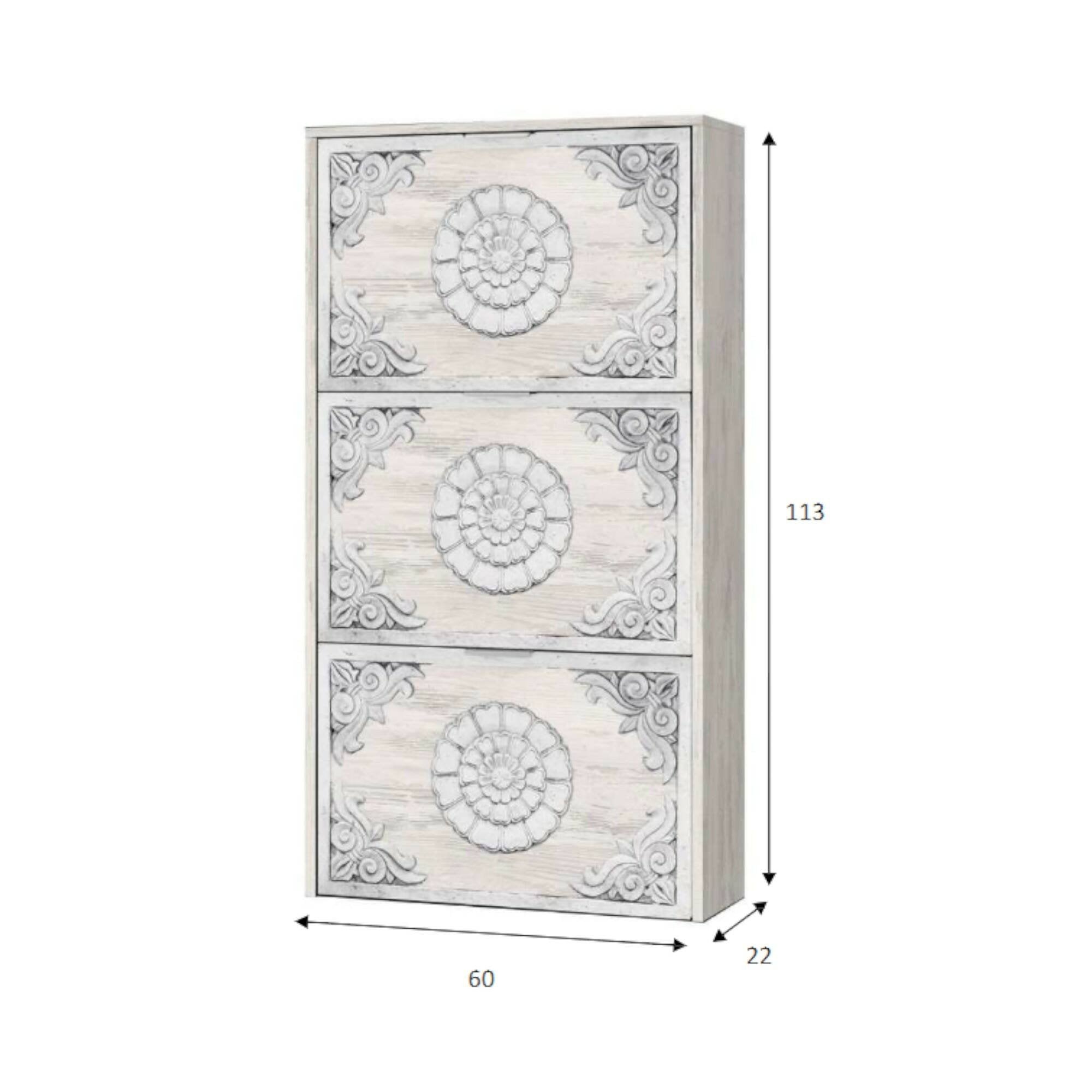 Scarpiera Asca, Armadio portascarpe a 3 ante a ribalta, Mobile con doppia capienza per max 18 paia di scarpe, cm 70x17h180, Bianco anticato