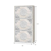 Scarpiera Asca, Armadio portascarpe a 3 ante a ribalta, Mobile con doppia capienza per max 18 paia di scarpe, cm 70x17h180, Bianco anticato