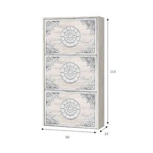 Scarpiera Asca, Armadio portascarpe a 3 ante a ribalta, Mobile con doppia capienza per max 18 paia di scarpe, cm 70x17h180, Bianco anticato