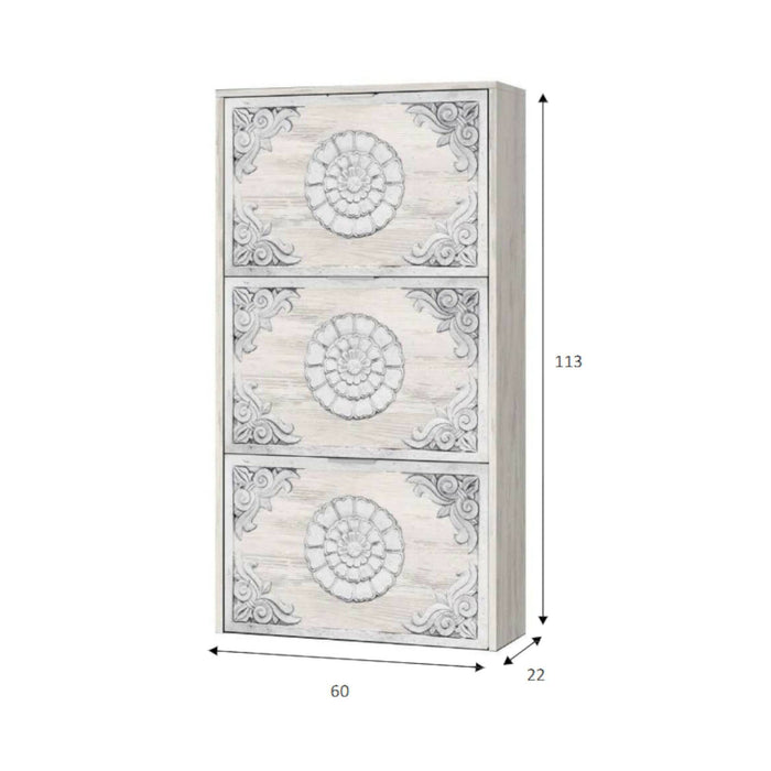 Scarpiera Asca, Armadio portascarpe a 3 ante a ribalta, Mobile con doppia capienza per max 18 paia di scarpe, cm 70x17h180, Bianco anticato