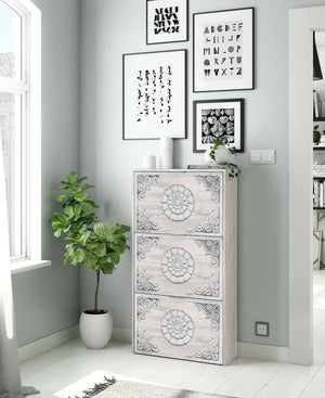 Scarpiera Asca, Armadio portascarpe a 3 ante a ribalta, Mobile con doppia capienza per max 18 paia di scarpe, cm 70x17h180, Bianco anticato