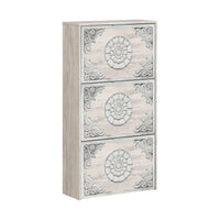 Scarpiera Asca, Armadio portascarpe a 3 ante a ribalta, Mobile con doppia capienza per max 18 paia di scarpe, cm 70x17h180, Bianco anticato