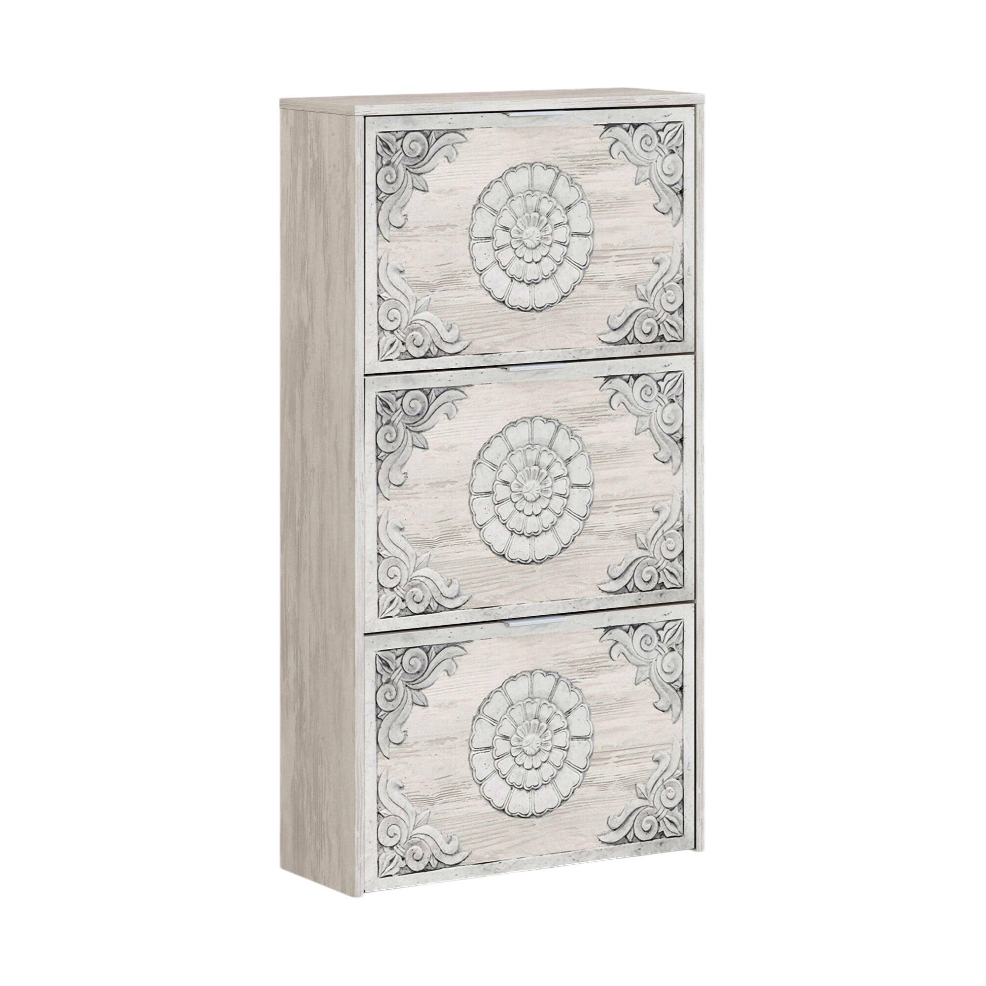 Scarpiera Asca, Armadio portascarpe a 3 ante a ribalta, Mobile con doppia capienza per max 18 paia di scarpe, cm 70x17h180, Bianco anticato