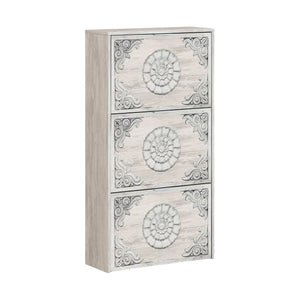 Scarpiera Asca, Armadio portascarpe a 3 ante a ribalta, Mobile con doppia capienza per max 18 paia di scarpe, cm 70x17h180, Bianco anticato