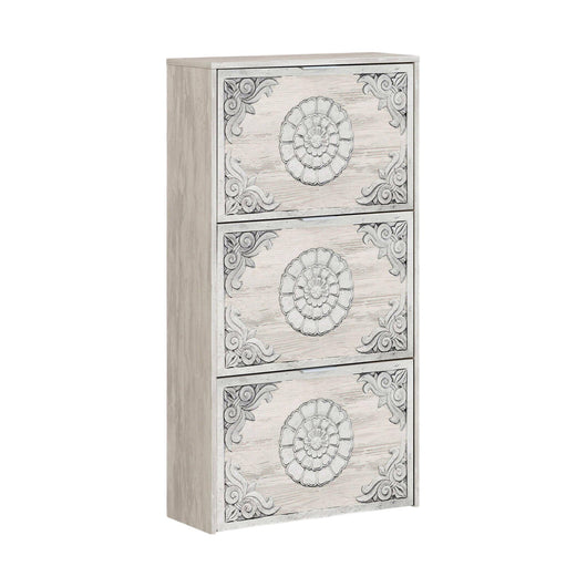 Scarpiera Asca, Armadio portascarpe a 3 ante a ribalta, Mobile con doppia capienza per max 18 paia di scarpe, cm 70x17h180, Bianco anticato