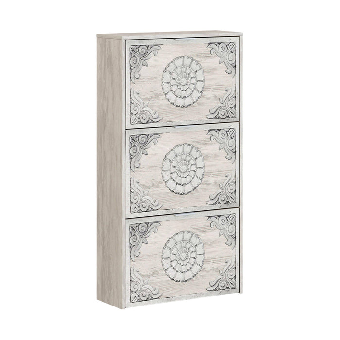 Scarpiera Asca, Armadio portascarpe a 3 ante a ribalta, Mobile con doppia capienza per max 18 paia di scarpe, cm 70x17h180, Bianco anticato