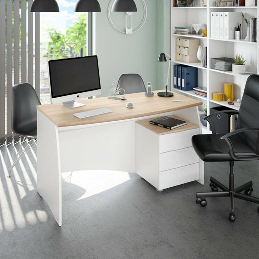 Scrivania Azziz, Scrittoio da ufficio, Tavolo da studio porta PC con 3 cassetti, cm 136x67h74, Bianco e Rovere