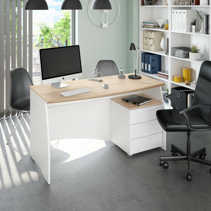 Scrivania Azziz, Scrittoio da ufficio, Tavolo da studio porta PC con 3 cassetti, cm 136x67h74, Bianco e Rovere