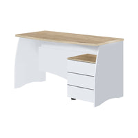Scrivania Azziz, Scrittoio da ufficio, Tavolo da studio porta PC con 3 cassetti, cm 136x67h74, Bianco e Rovere
