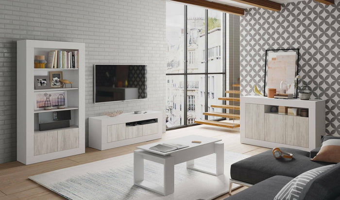 Tavolino da salotto Aspra, Tavolino da caffÒ¨ con piano elevabile, Tavolo basso da soggiorno, cm 105x55h45/56, Bianco