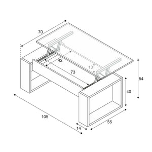 Tavolino da salotto Aspra, Tavolino da caffÒ¨ con piano elevabile, Tavolo basso da soggiorno, cm 105x55h45/56, Bianco