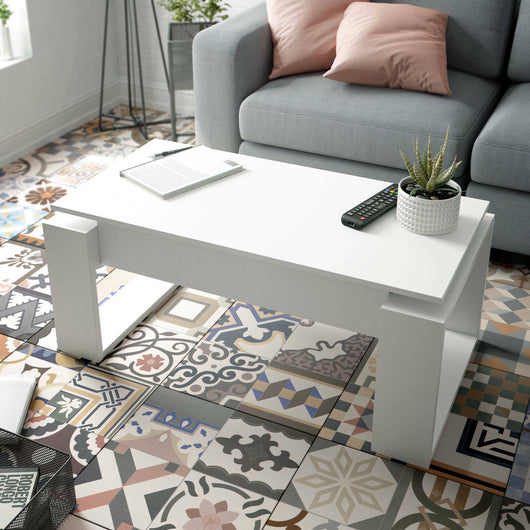 Tavolino da salotto Aspra, Tavolino da caffÒ¨ con piano elevabile, Tavolo basso da soggiorno, cm 105x55h45/56, Bianco