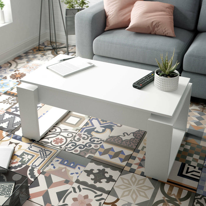 Tavolino da salotto Aspra, Tavolino da caffÒ¨ con piano elevabile, Tavolo basso da soggiorno, cm 105x55h45/56, Bianco