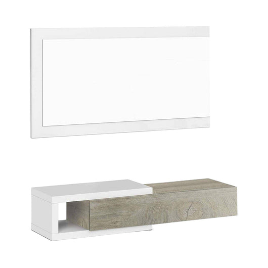 Mobile da ingresso Arty, Entratina con specchio, Mobile per atrio con cassetto, Svuotatasche per appartamenti, cm 95x26h69, Bianco e Rovere