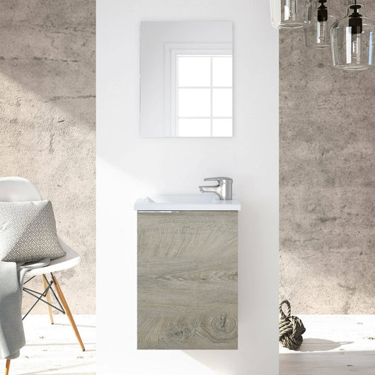 Mobile sottolavabo Akamaru, Mobiletto per bagno sospeso, Armadio a 1 anta e specchio, cm 40x22h58, Rovere