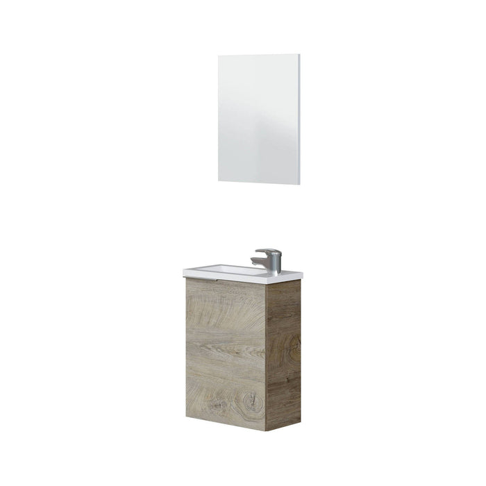 Mobile sottolavabo Akamaru, Mobiletto per bagno sospeso, Armadio a 1 anta e specchio, cm 40x22h58, Rovere