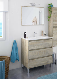 Mobile sottolavabo Albachiara, Mobiletto per bagno, Armadio a 3 cassetti e specchio, lavabo non incluso, cm 80x45h86, Rovere