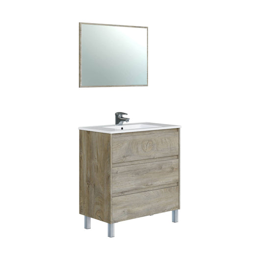 Mobile sottolavabo Albachiara, Mobiletto per bagno, Armadio a 3 cassetti e specchio, lavabo non incluso, cm 80x45h86, Rovere