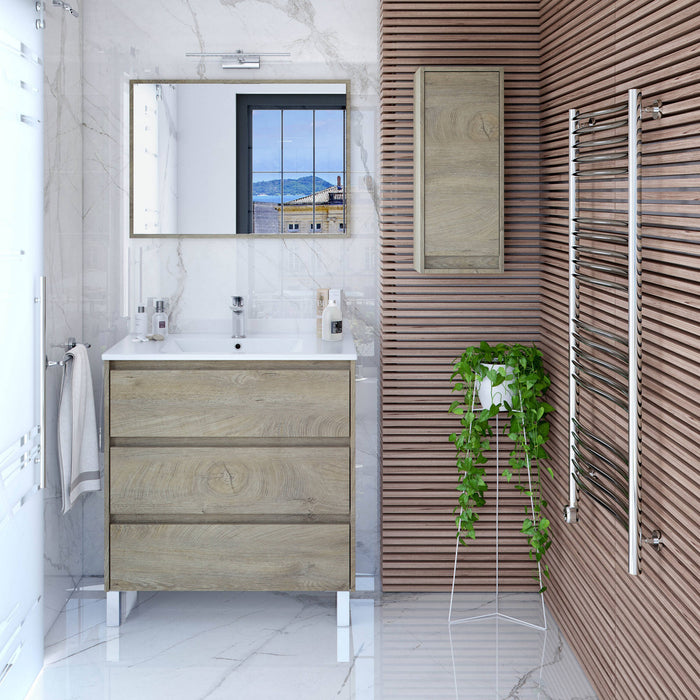 Mobile sottolavabo Albachiara, Mobiletto per bagno, Armadio a 3 cassetti e specchio, lavabo non incluso, cm 80x45h86, Rovere