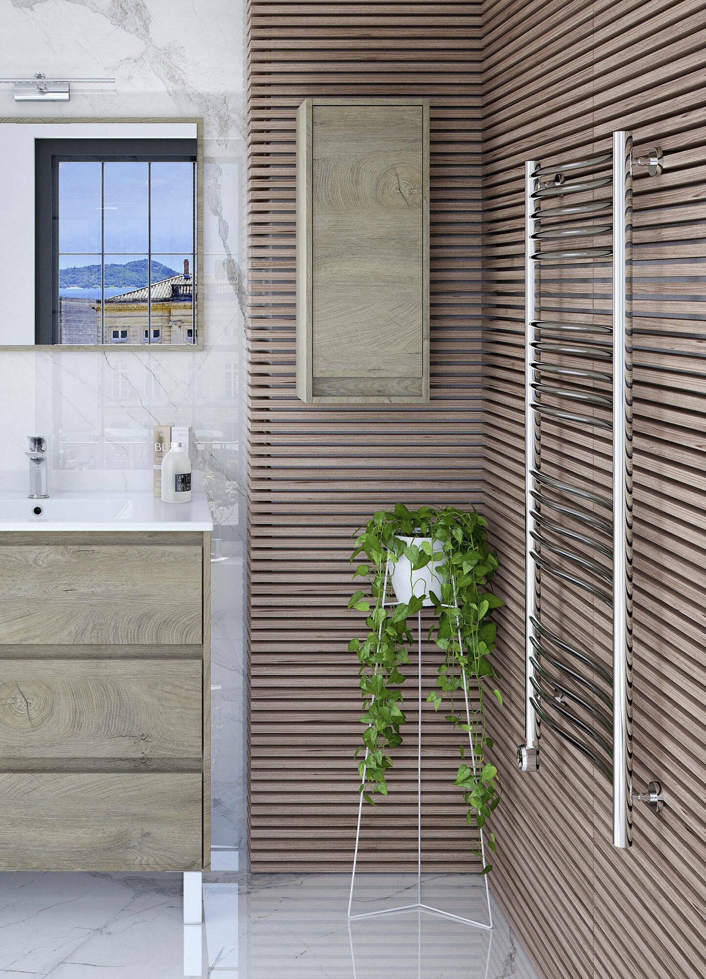 Colonna Bagno Anabella, Mobile a colonna per bagno a 1 anta, Armadio pensile sospeso, cm 30x26h74, Rovere