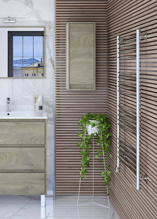 Colonna Bagno Anabella, Mobile a colonna per bagno a 1 anta, Armadio pensile sospeso, cm 30x26h74, Rovere