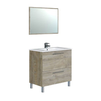 Mobile sottolavabo Abel, Mobiletto per bagno, Armadio a 2 cassetti e specchio, lavabo non incluso, cm 80x45h80, Rovere