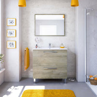 Mobile sottolavabo Abel, Mobiletto per bagno, Armadio a 2 cassetti e specchio, lavabo non incluso, cm 80x45h80, Rovere
