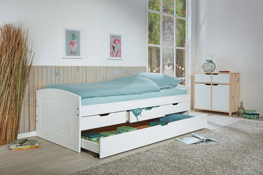 Letto con cassetti contenitore e secondo letto inferiore a Dmewi, in pino massello tinto bianco, cm 98x205x63, reti escluse