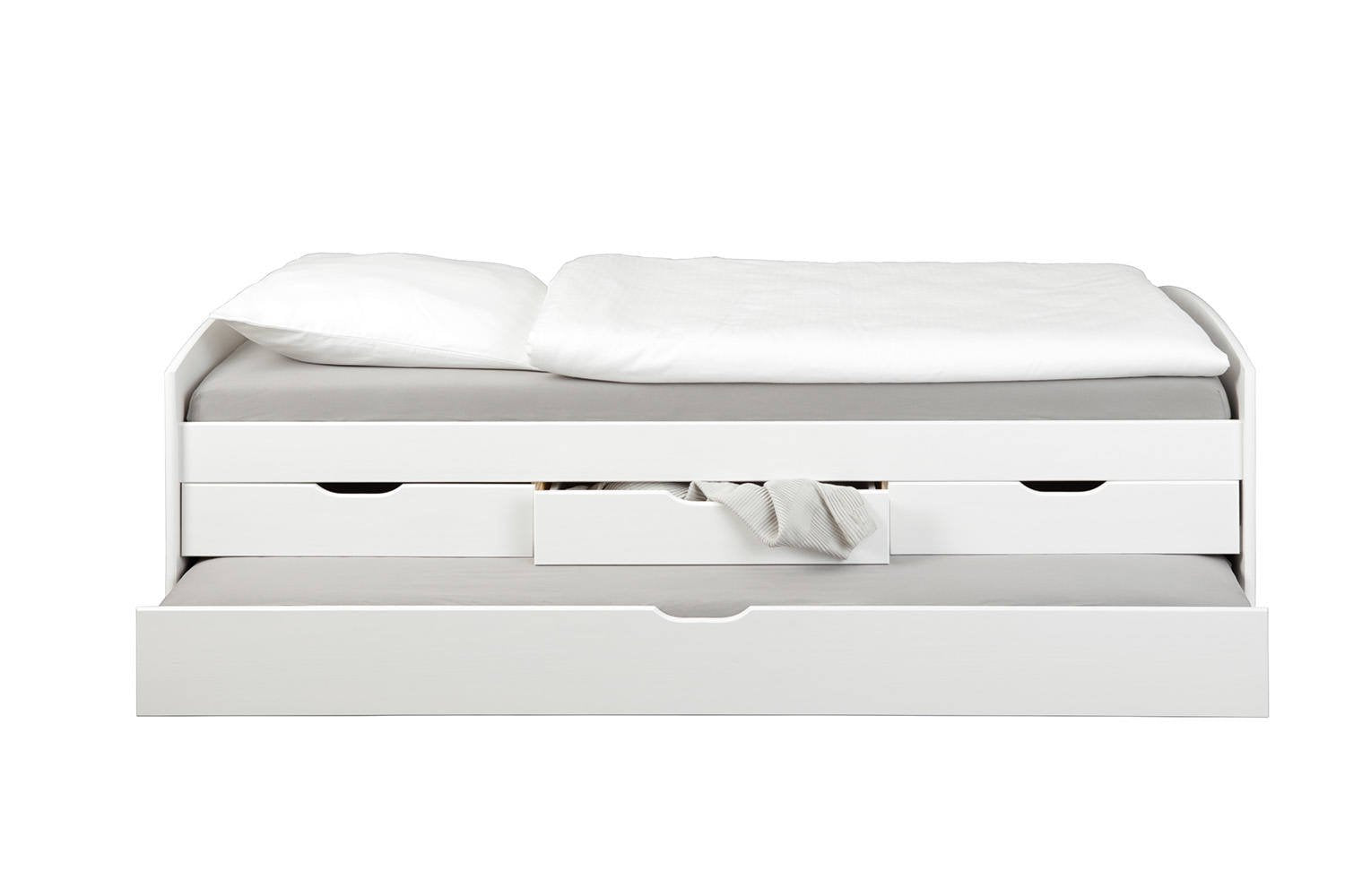 Letto con cassetti contenitore e secondo letto inferiore a Dmewi, in pino massello tinto bianco, cm 98x205x63, reti escluse