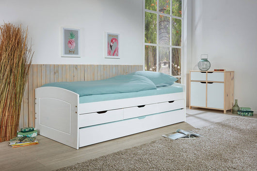 Letto con cassetti contenitore e secondo letto inferiore a Dmewi, in pino massello tinto bianco, cm 98x205x63, reti escluse