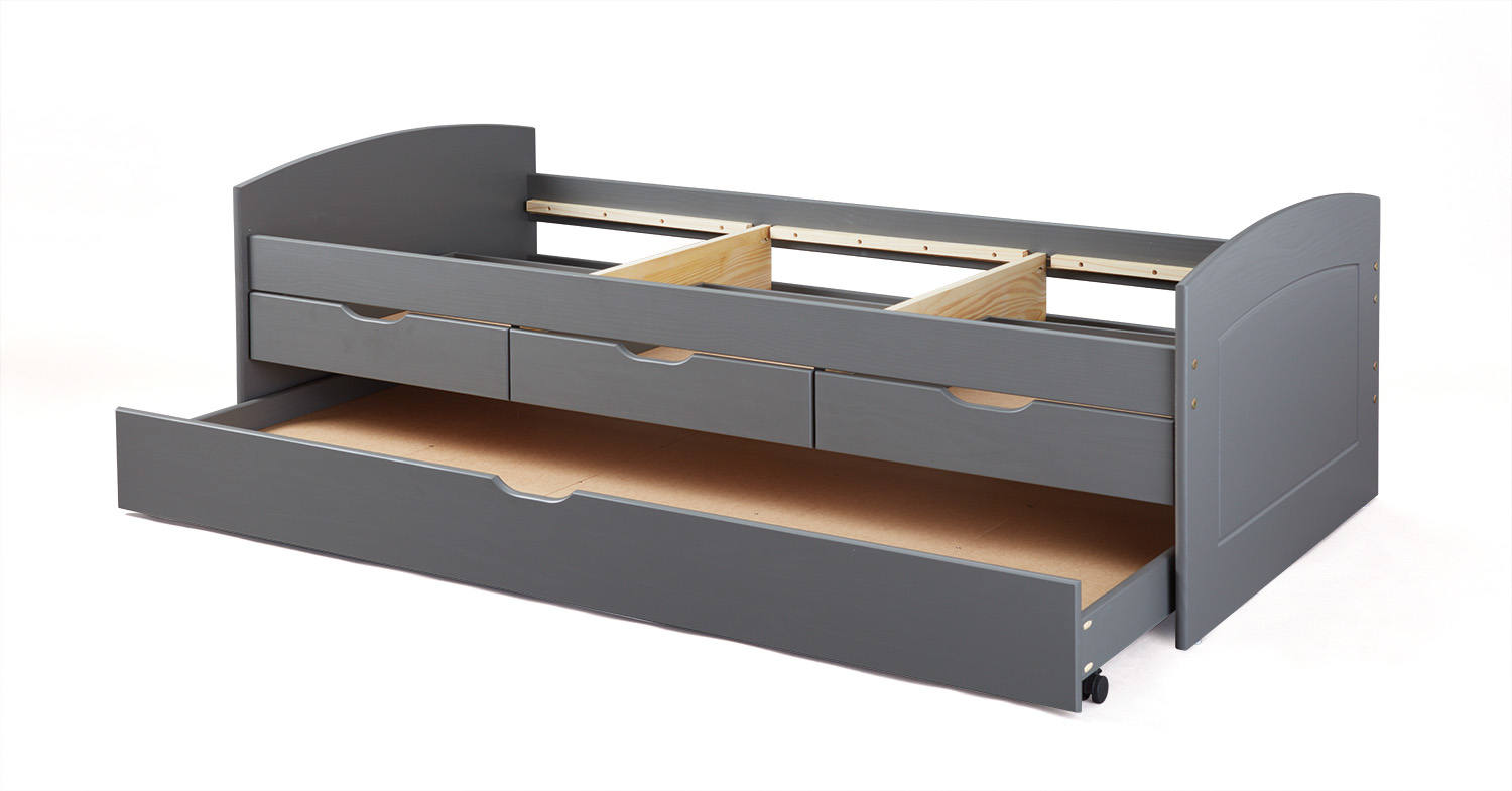 Letto con cassetti contenitore e secondo letto inferiore a Dmewi, in pino massello tinto grigio, cm 98x205x63, reti escluse