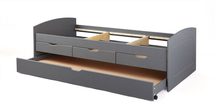 Letto con cassetti contenitore e secondo letto inferiore a Dmewi, in pino massello tinto grigio, cm 98x205x63, reti escluse