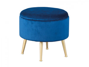 Pouf contenitore rotondo, in velluto blu e struttura in metallo verniciato oro, cm 41x41x38