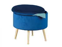 Pouf contenitore rotondo, in velluto blu e struttura in metallo verniciato oro, cm 41x41x38