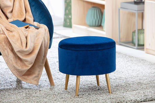 Pouf contenitore rotondo, in velluto blu e struttura in metallo verniciato oro, cm 41x41x38